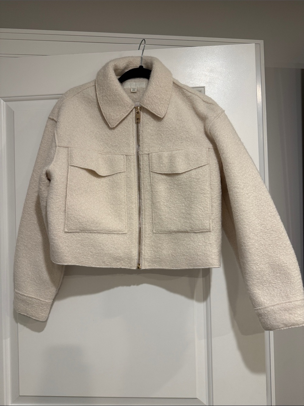 Zara Cream Teddy Zip-Front Cropped Jacket